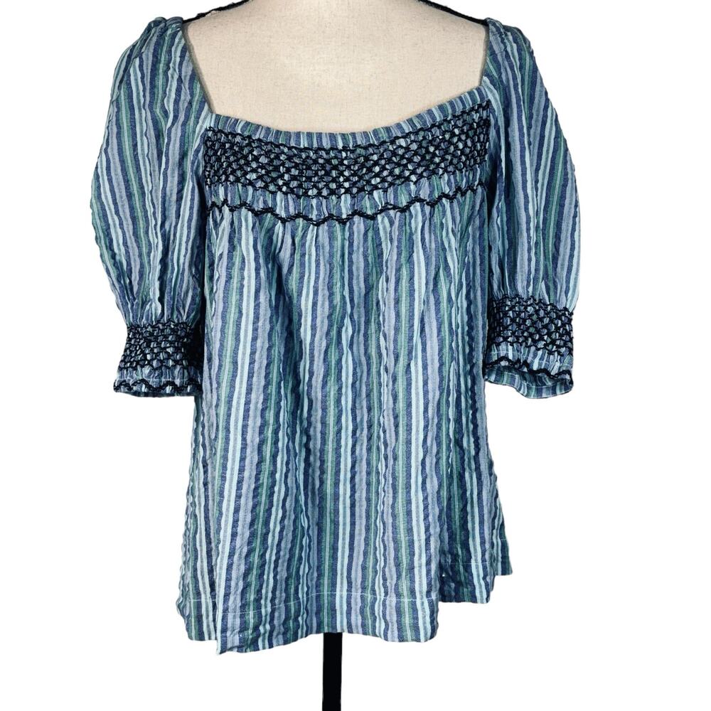 Faherty Medium Peasant Top Striped Puff Sleeves Smocked Square Neck Blue Multi